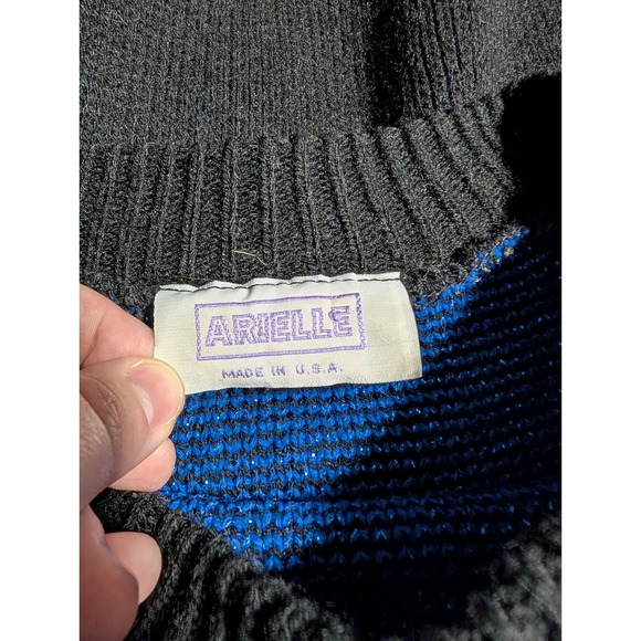 Arielle Women's VTG 80s 90s Blue Black Leaf Print Metallic Lurex Knit Sweater - Picture 7 of 8